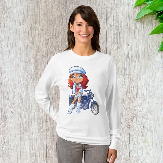 T-shirt Sassy Biker Girl avec cheveux rouges et moto