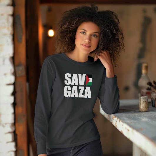 T-shirt SAVE GAZA noir manche longue pour femme musulmane