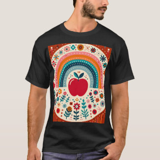 T-shirt Scandinavian Folk Art Red Apple and Rainbow family