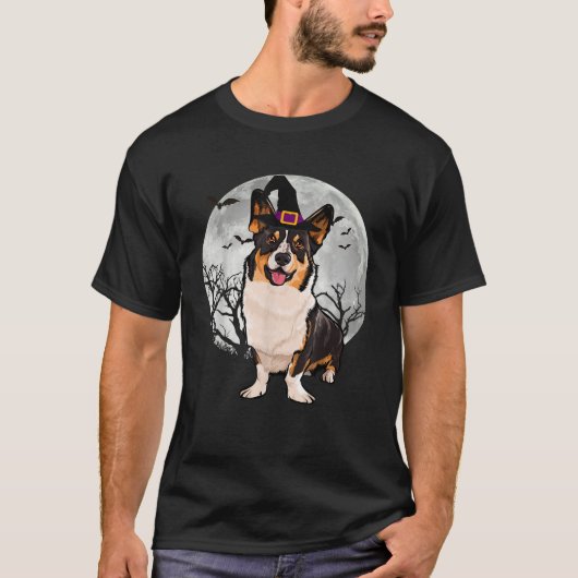 T-shirt Scary Cardigan Welsh Corgi Dog Witch Hat Halloween (Devant)
