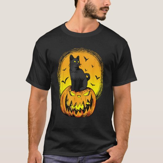 T-shirt Scary Nightcat Black Cat With Yellow Eyes Pumpkin  (Devant)