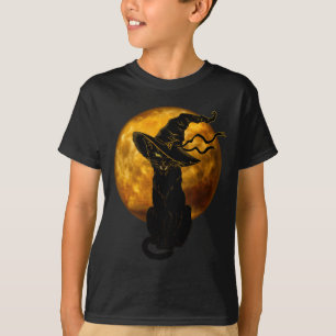 T-shirt Scary Vintage Chat Noir Avec Sorcière Pleine lune