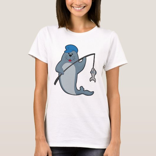 T-shirt Sceau à la pêche avec bâtonnet de pêche et poisson (Devant)