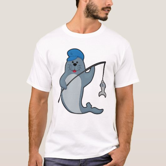 T-shirt Sceau à la pêche avec bâtonnet de pêche et poisson (Devant)