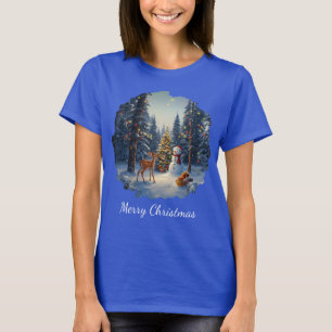 T-shirt Scene d'arbre de Noël Cute Deer Fawn Snowman