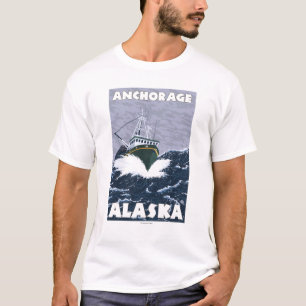 T-shirt Scène de bateau de pêche - Anchorage, Alaska