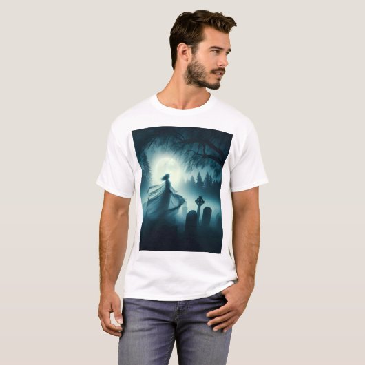 T-shirt scène éffrayante d'une femme fantôme dans un cimet (Devant entier)