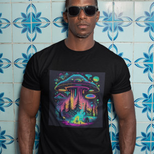 T-shirt Scène néon de vaisseau spatial et d'aliens Art psy