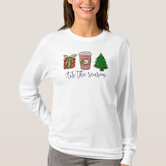 T-shirt Script de Noël présent Monogramme café arbre (Devant)