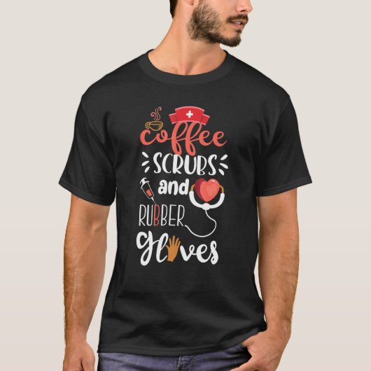 T-shirt Scrubs De Café Et Gants En Caoutchouc, Infirmière, (Devant)