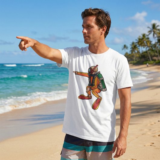 T-shirt Scuba Diver in Orange Wetsuit Pointing