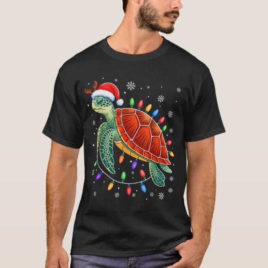 T-shirt Sea Turtle Christmas Lights Santa Hat Funny Xmas P (Devant)