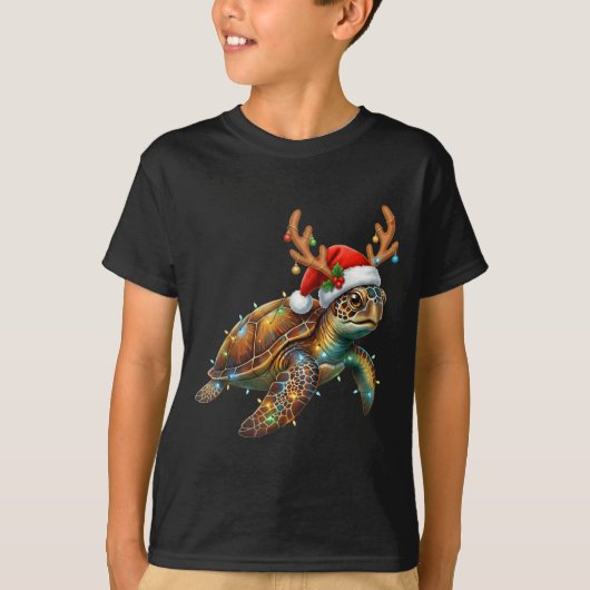 T-shirt Sea Turtle Christmas Lights Santa Hat Merry Christ (Devant)