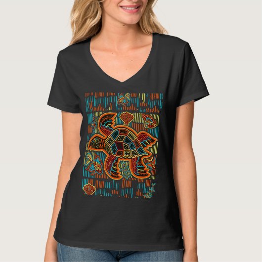 T-shirt Sea Turtle Inspired By Mola Artwork of Panama Kuna (Devant)
