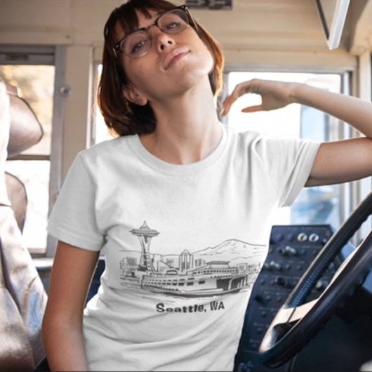 T-shirt Seattle Ferry & Skyline Line Art Washington State