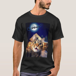 T-shirt Selfie de chat avec le Père Noël, rennes et traîne