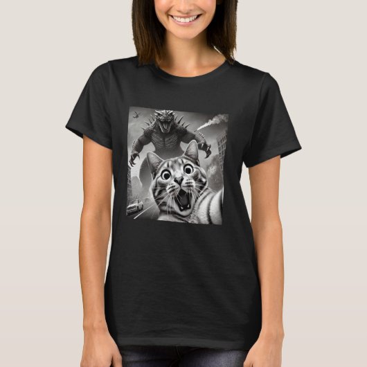 T-shirt selfie drôle chat surpris humour kaiju constructio (Devant)