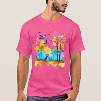 T-shirt Sérénité en vol Aquarelle Oiseaux au-dessus du fu