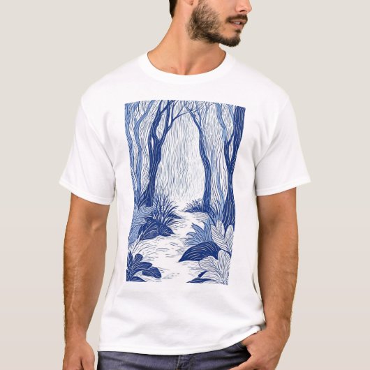 T-shirt Sérénité Woodland Path : Blue Line Art Forest (Devant)