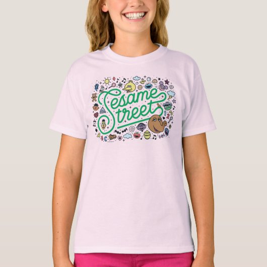 T-shirt Sésame Sésame | Sesame Street Green Doodle Script (Devant)
