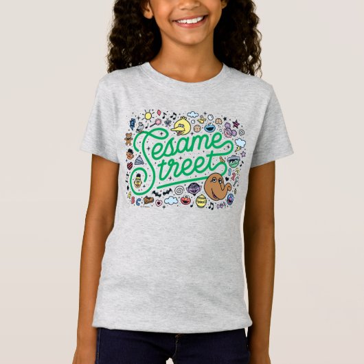 T-Shirt Sésame Sésame | Sesame Street Green Doodle Script (Devant)