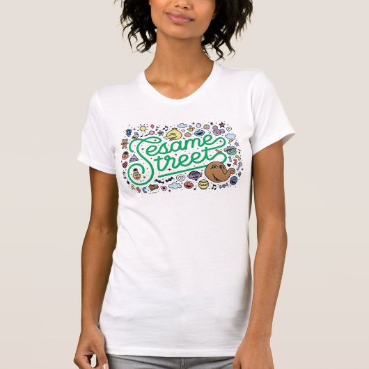 T-shirt Sésame Sésame | Sesame Street Green Doodle Script (Devant)