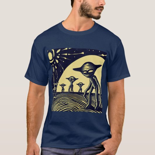 T-shirt SF - Aliens sur une planète étrange coupe de bois  (Devant)