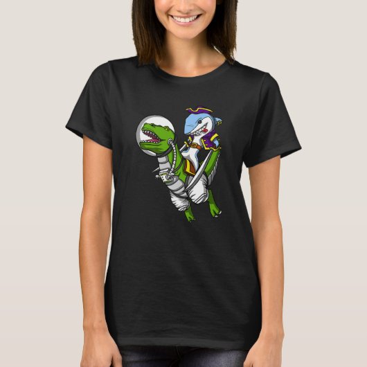 T-shirt Shark Pirate Riding T Rex Dinosaur Astronaut spati (Devant)