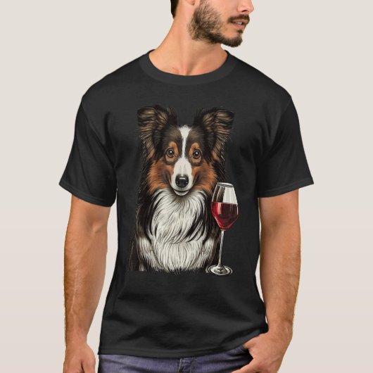 T-shirt Sheltie Red Wine drinking Shetland Sheepdog (Devant)