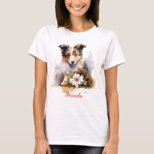 T-shirt Shetland Sheepdog Chiot Pet Aquarelle
