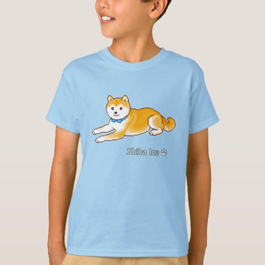 T-shirt Shiba Inu Avec Col Bleu Clair Pixel Art (Devant)