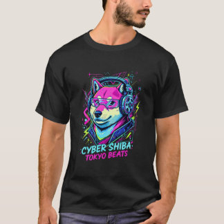 T-shirt Shiba Inu Cassette DJ - Neon Cyberpunk Tokyo