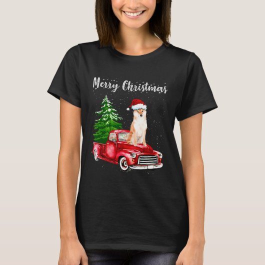T-shirt Shiba Inu équitation Camion Rouge Joyeux Noël Chie (Devant)