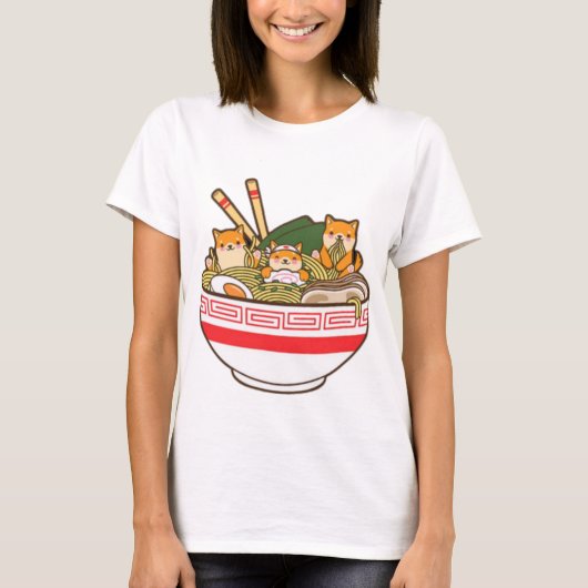 T-shirt Shibas Inu Manger Ramen Noodles T Shirt, Kawaii (Devant)