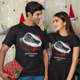 T-shirt Shorthair Gris Chat Rouge Père Noël Unisex