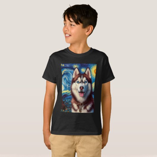 T-shirt Sibérie Husky Chien Art Van Gogh Starry Nuit Siber (Devant entier)