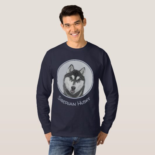 T-shirt Sibérie Husky (noir et blanc) Peinture Chien Art (Devant entier)