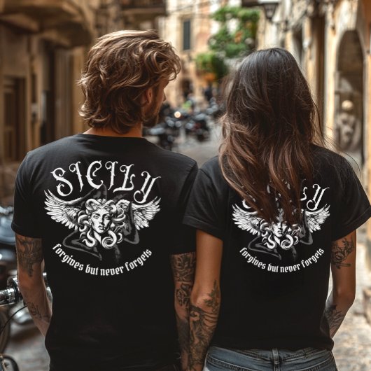 T-shirt Sicily Forgives but Never Forgets Gothic Trinacria