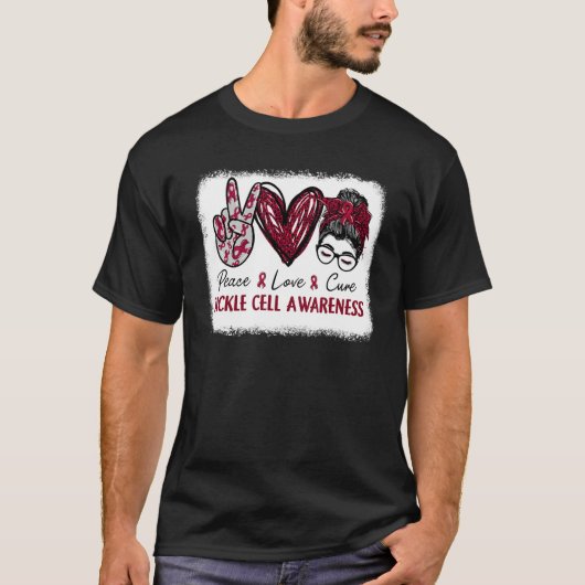 T-shirt Sickle Cell Awareness Burgundy Ribbon Heart Peace (Devant)