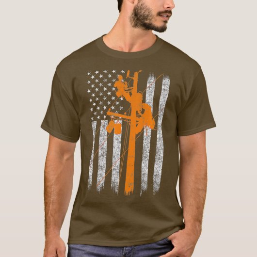 T-shirt Silhouette American Flag Lineman Electricien (Devant)