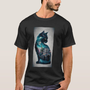 T-shirt Silhouette de chat avec paysage urbain nocturne et