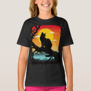 T-shirt Silhouette de chat et d'arbre au coucher du soleil