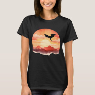 T-shirt Silhouette de dragon contre un coucher de soleil