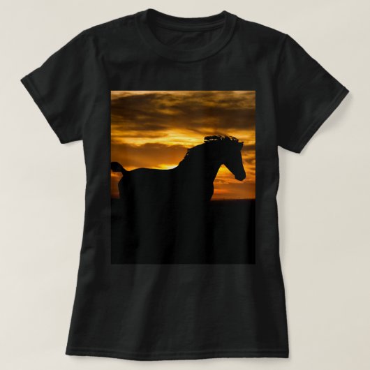 T-shirt Silhouette du coucher de soleil du cheval noir (Design devant)