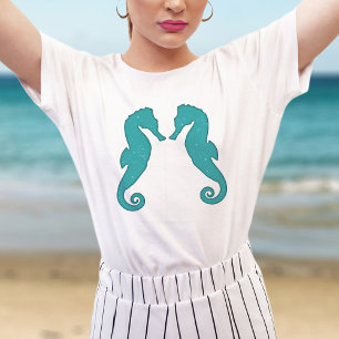 T-shirt Silhouettes de Seahorse Aqua Blue Simple nautique