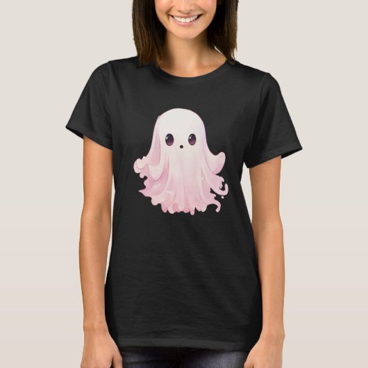 T-shirt Simple minimaliste Fantôme rose Halloween noir (Devant)