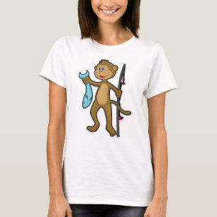 T-shirt Singe à la pêche avec bâton de pêche et poisson