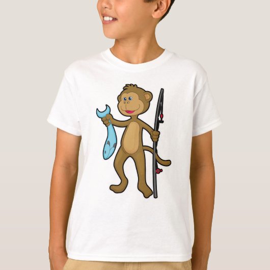T-shirt Singe à la pêche avec bâton de pêche et poisson (Devant)