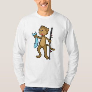 T-shirt Singe à la pêche avec bâton de pêche et poisson