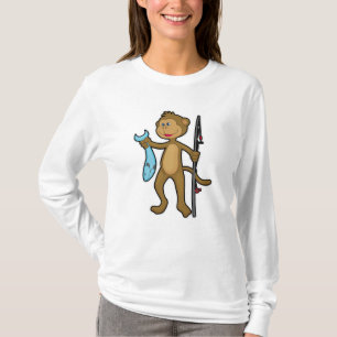 T-shirt Singe à la pêche avec bâton de pêche et poisson